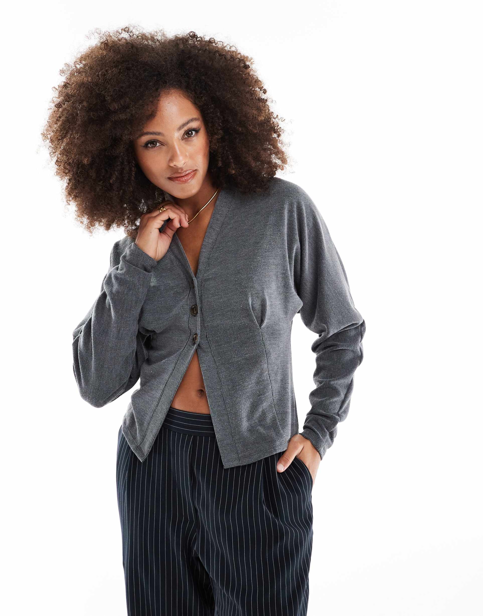 asos design rib batwing cardigan in charcoal