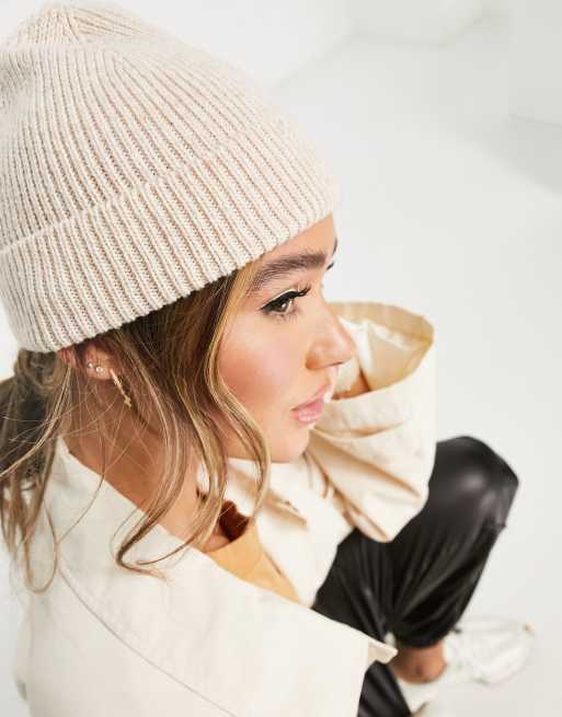 ASOS DESIGN rib beanie in oatmeal , 2 of 4
