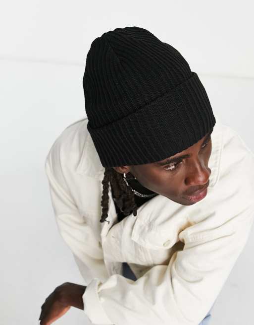 ASOS DESIGN rib beanie with deep turn up in black , 2 of 4
