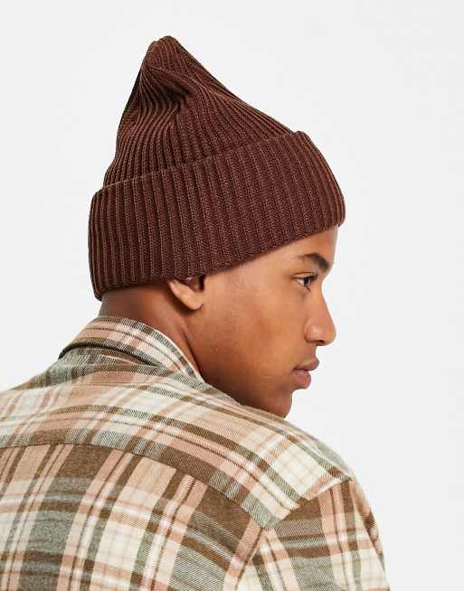 ASOS DESIGN rib beanie with deep turn up in chocolate brown