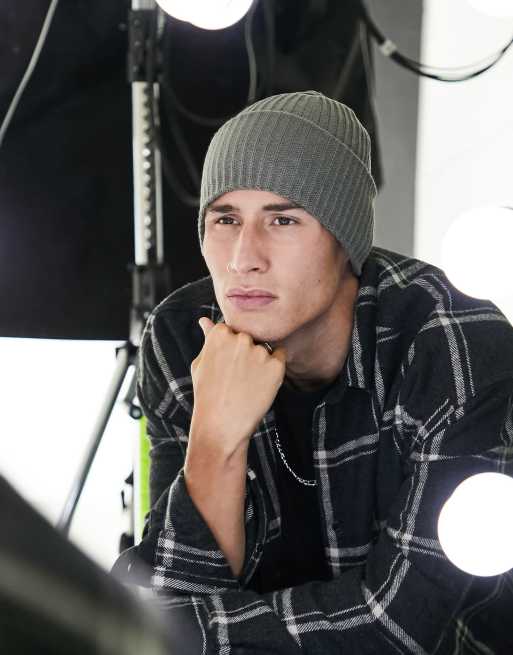 ASOS DESIGN rib beanie with deep turn up in gray