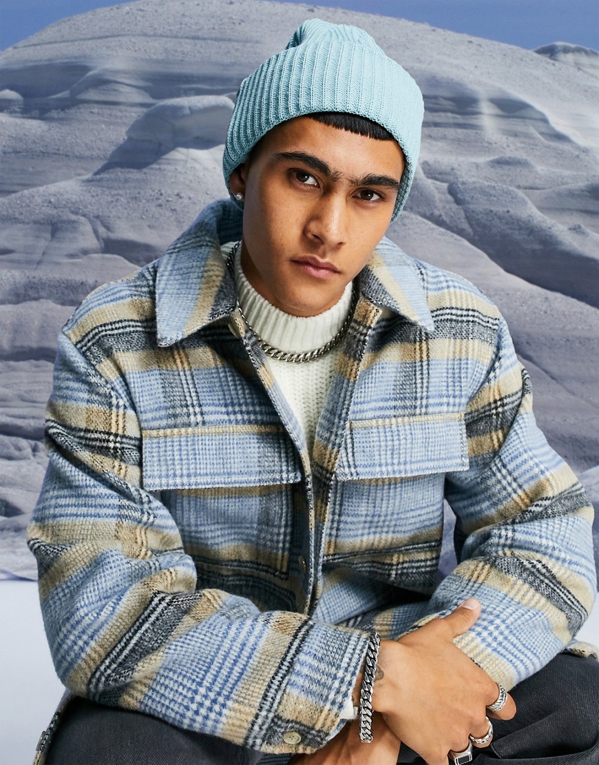 ASOS DESIGN rib beanie with deep turn up in light blue-Blues