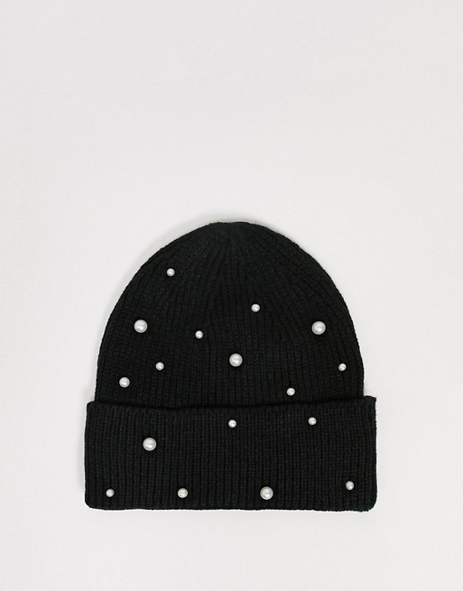 ASOS DESIGN rib beanie with pearl detail in black