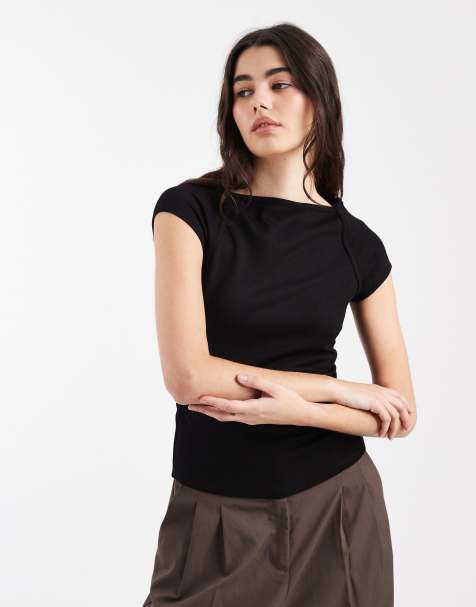 ASOS DESIGN rib boat neck t-shirt with ruched waist in black - view 1
