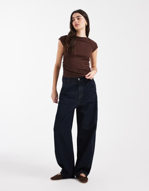 ASOS DESIGN rib boat neck T-shirt with ruched waist in chocolate, 3 of 4