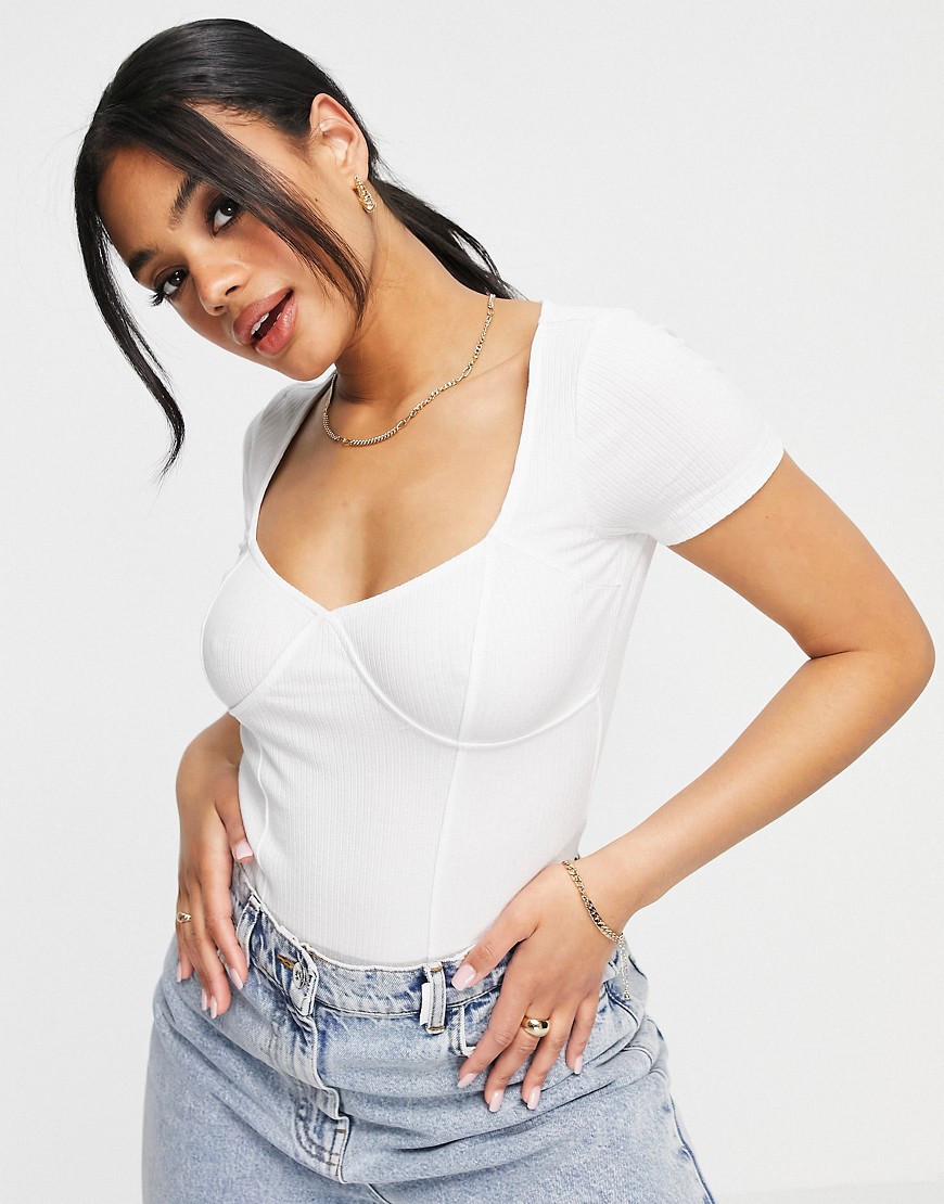 ASOS DESIGN rib bodysuit with bust seams and cap sleeve in white
