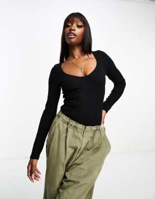 Asos Design Rib Bodysuit With Bust Seams And Long Sleeve In Black In Black