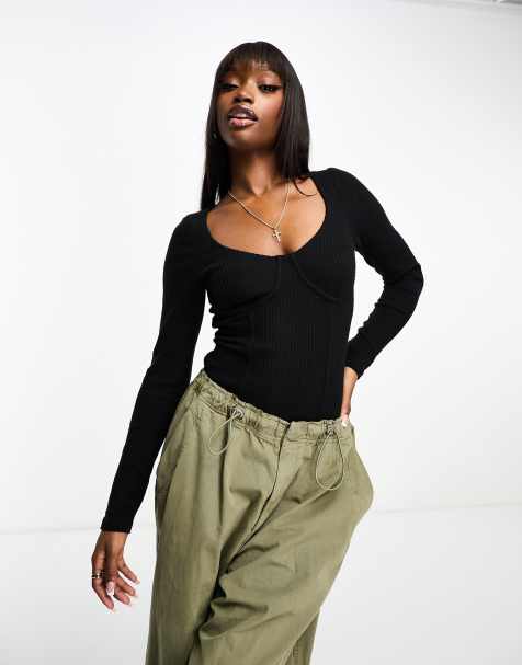 ASOS DESIGN rib bodysuit with bust seams and long sleeve in black - view 1