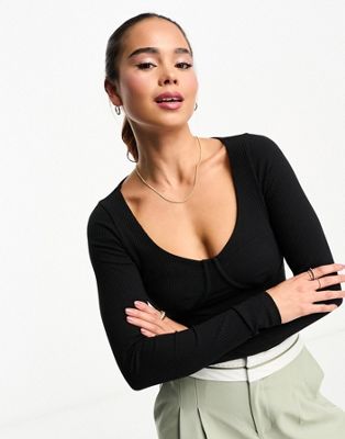 ASOS DESIGN rib bodysuit with bust seams and long sleeve in black - ASOS Price Checker