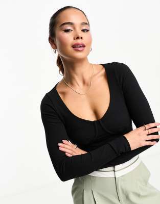 Asos Design Fuller Bust Rib Bodysuit With Bust Seams And Long Sleeve In Black In Black