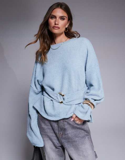 ASOS DESIGN rib boucle long sleeve top with gold trim detail in baby blue - view 1