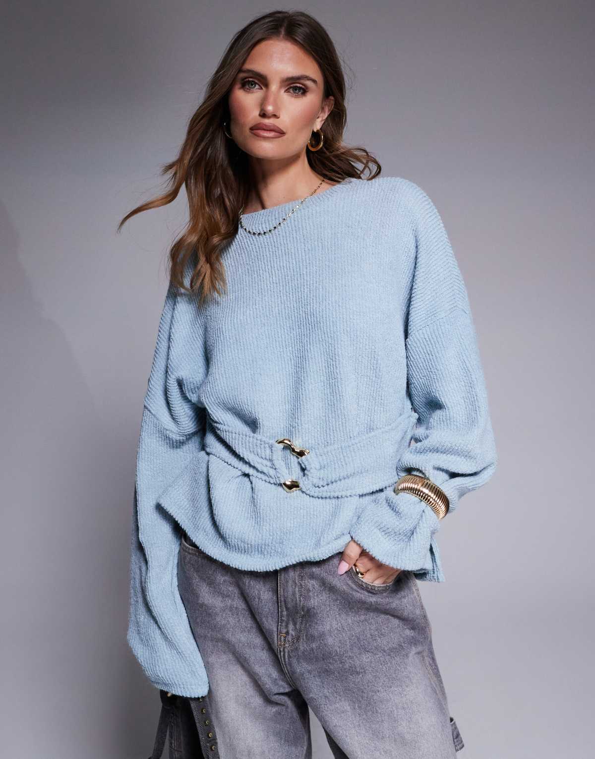 ASOS DESIGN rib boucle long sleeve top with gold trim detail in baby blue