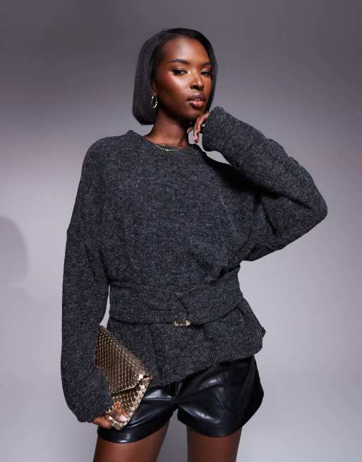 ASOS DESIGN rib boucle long sleeve top with gold trim detail in charcoal