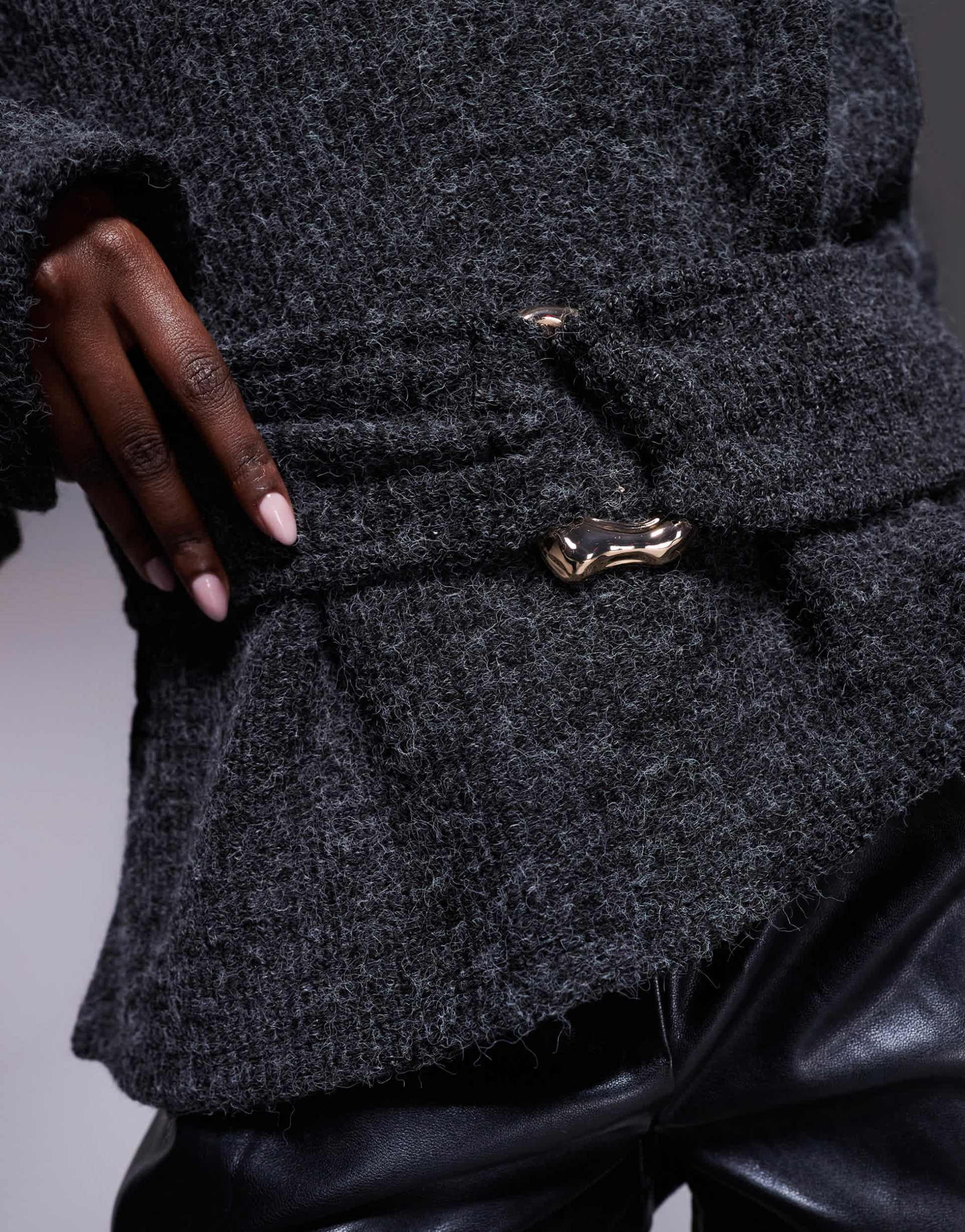 asos design rib boucle long sleeve top with gold trim detail in charcoal