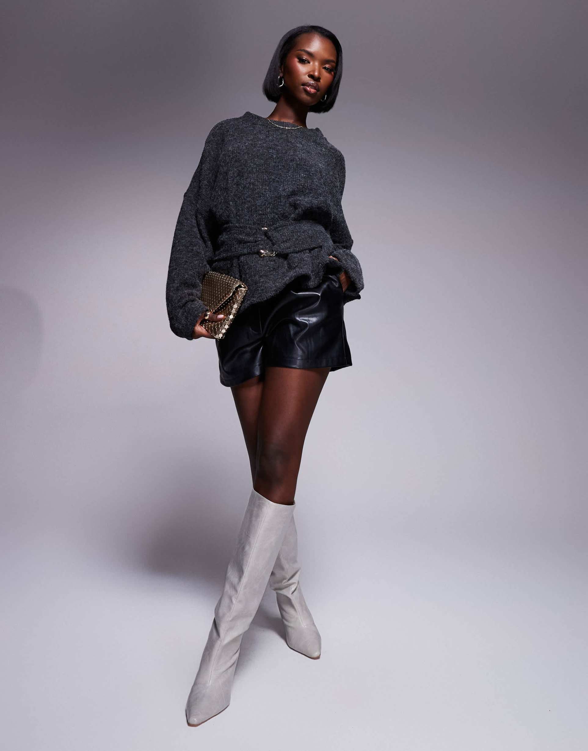 asos design rib boucle long sleeve top with gold trim detail in charcoal