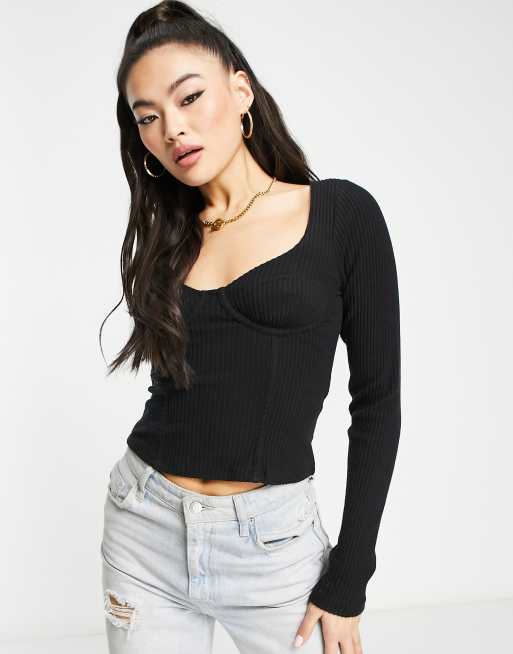 ASOS DESIGN lace up front long sleeve bodysuit in black