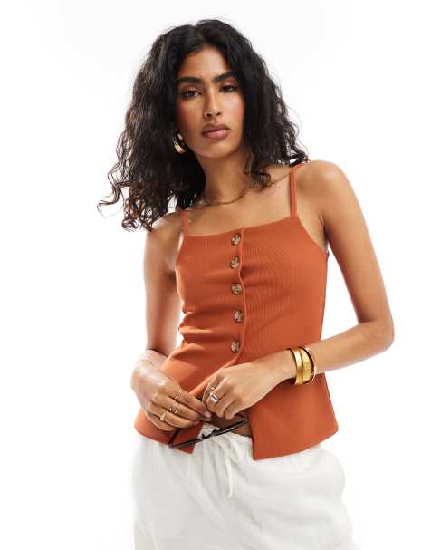 ASOS DESIGN rib button through top with 90s boat neck in rust - view 1