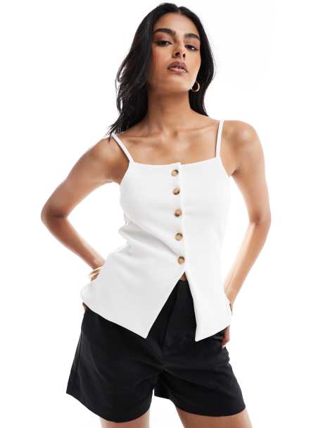 ASOS DESIGN rib button through top with 90's boat neck in white - view 1