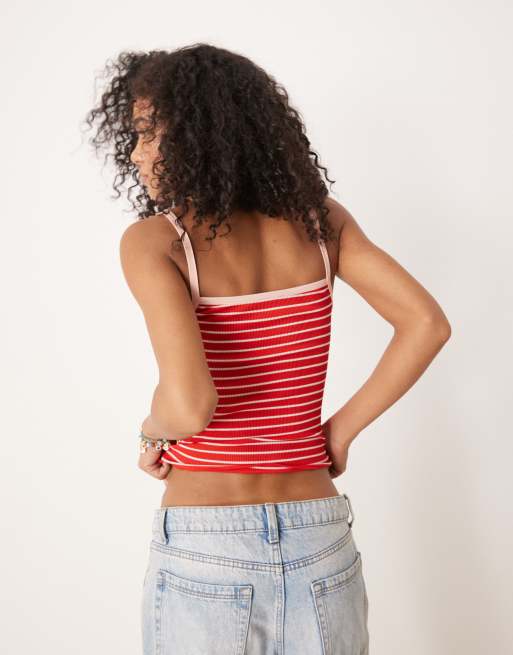 ASOS DESIGN rib cami with contrast binding in red and white stripe, 3 of 4