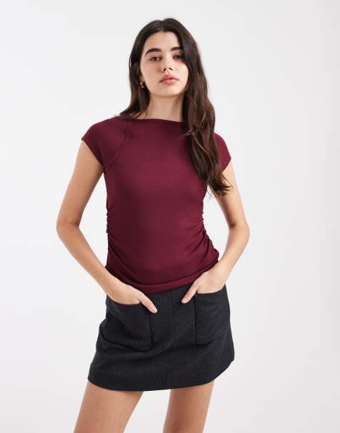 ASOS DESIGN rib boat neck t-shirt with ruched waist in burgundy