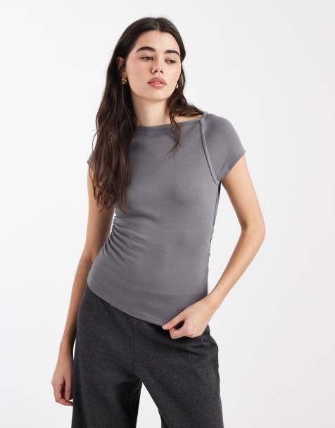 ASOS DESIGN rib cap sleeve ruched detail T-shirt in charcoal - view 1