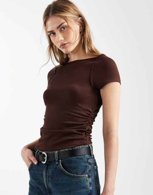 ASOS DESIGN rib cap sleeve ruched detail t-shirt in chocolate