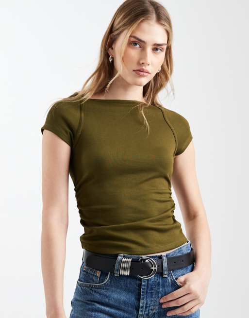 ASOS DESIGN rib cap sleeve ruched detail t-shirt in olive
