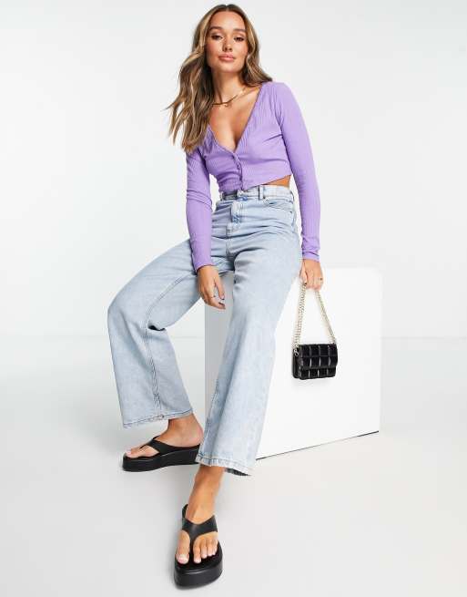 ASOS DESIGN rib cardigan with lace trim in lilac ASOS