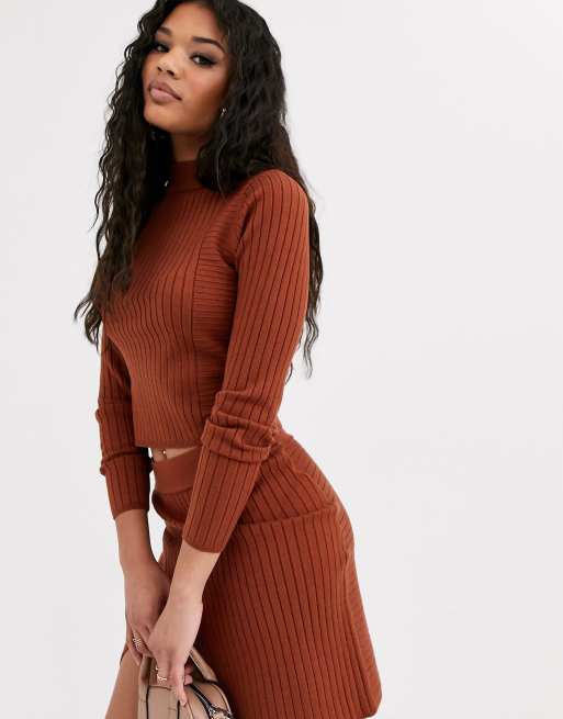 ASOS DESIGN rib co-ord with detail in Brown, 2 of 3