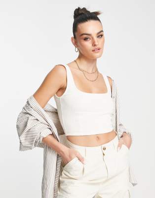 Asos Design Rib Corset Top With Square Neck In Ecru Asos 