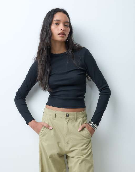 ASOS DESIGN rib crew neck long sleeve top in black, 3 of 4