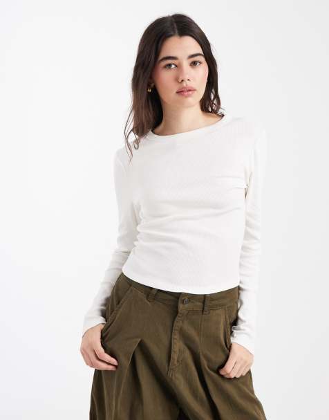 ASOS DESIGN rib crew neck long sleeve top in cream - view 1
