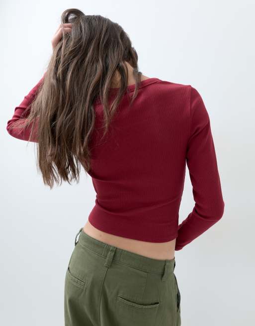 ASOS DESIGN rib crew neck long sleeve top in deep red, 2 of 5