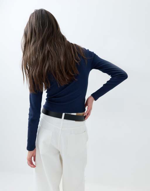 ASOS DESIGN rib crew neck long sleeve top in navy, 3 of 5