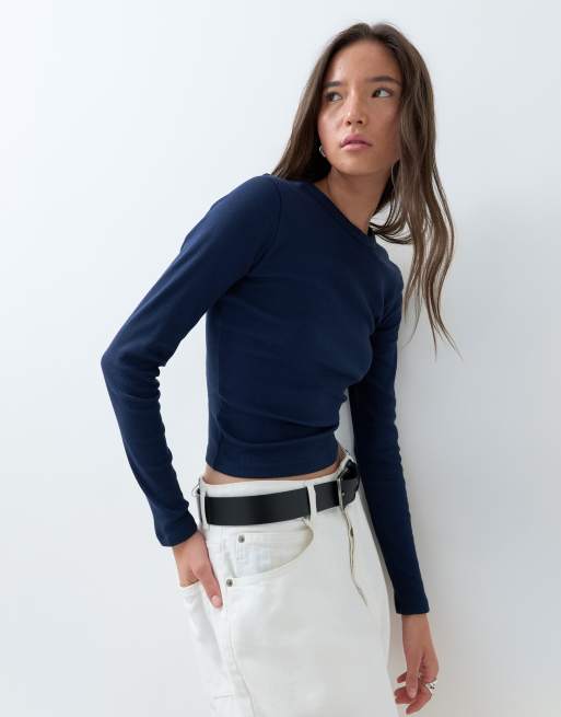 ASOS DESIGN rib crew neck long sleeve top in navy, 5 of 5