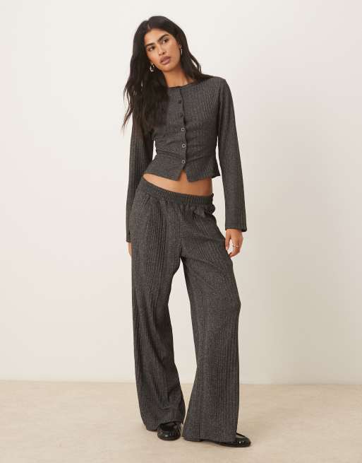 ASOS DESIGN rib detail wide leg pants in charcoal marl
