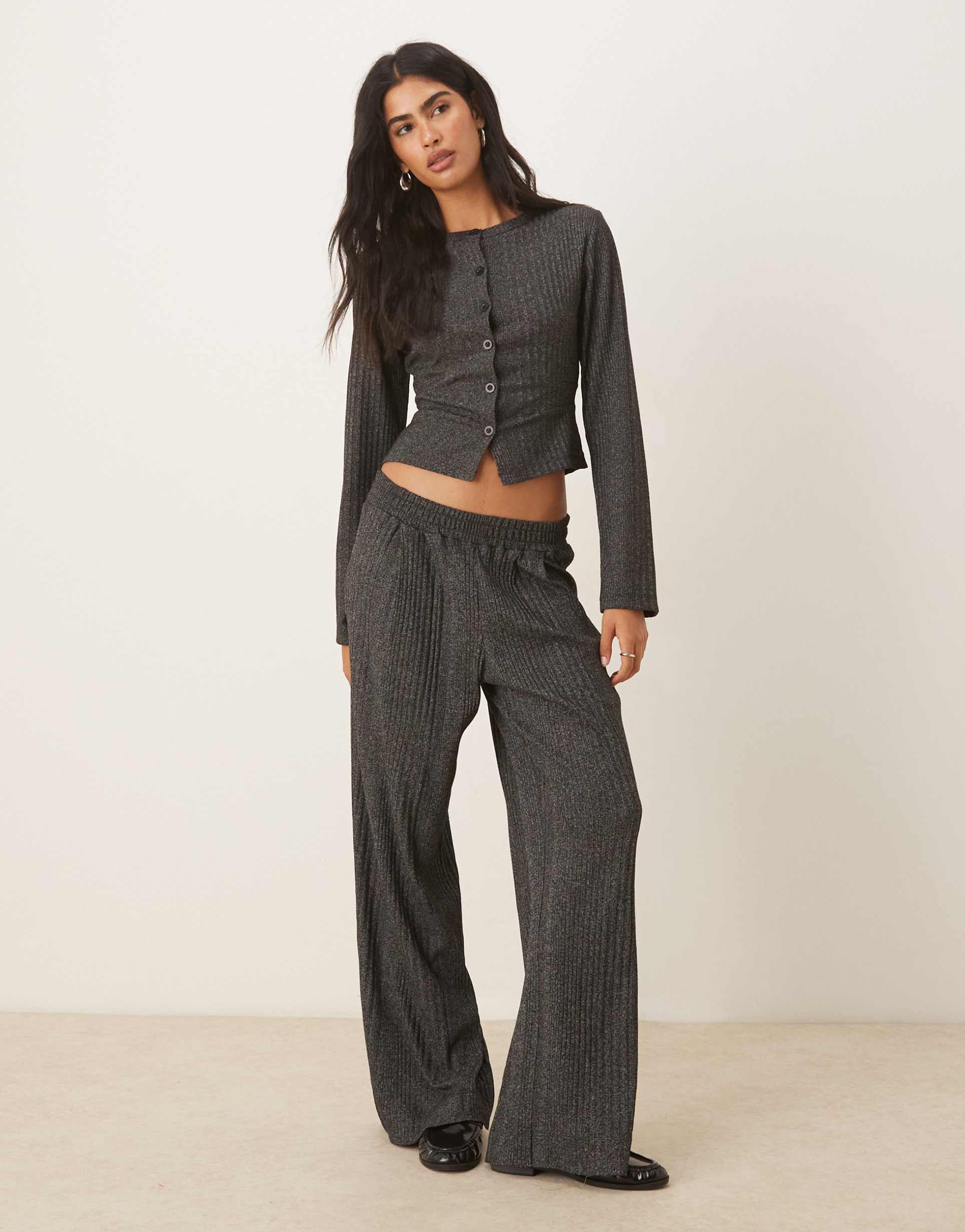 ASOS DESIGN rib detail wide leg trousers in charcoal marl