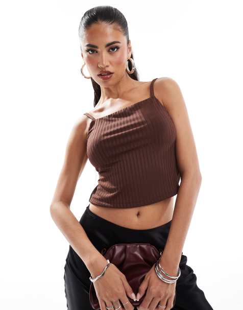 ASOS DESIGN rib double layer strappy backless cami top with square neck in chocolate - view 1