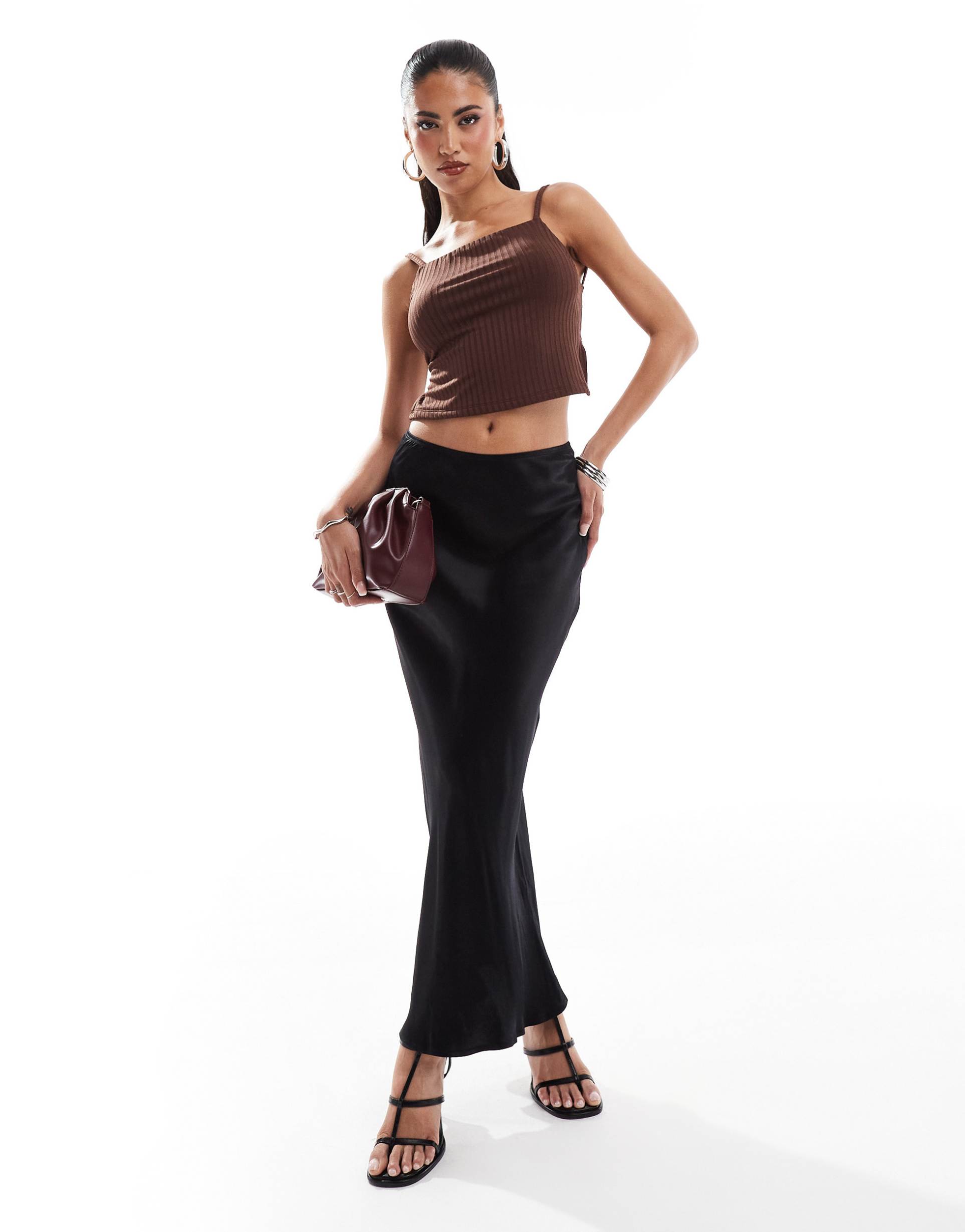 asos design rib double layer strappy backless cami top with square neck in chocolate