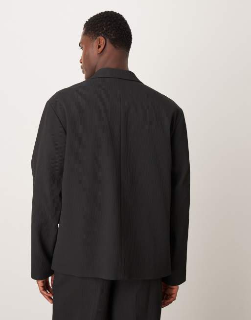 ASOS DESIGN rib fabric boxy suit jacket in black, 3 of 5