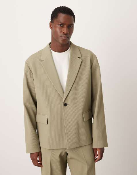 ASOS DESIGN rib fabric boxy suit jacket in khaki - view 1