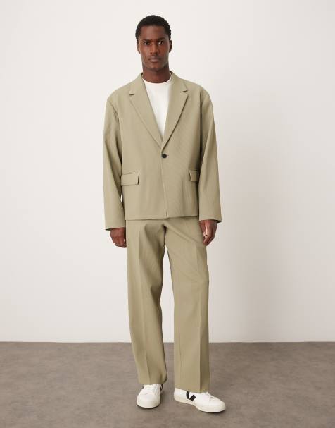 ASOS DESIGN rib fabric wide suit pants in khaki - view 1