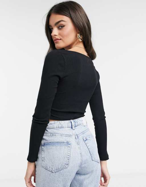 ASOS Rib Fitted Corset Top With Ultra Wide Neck in Black