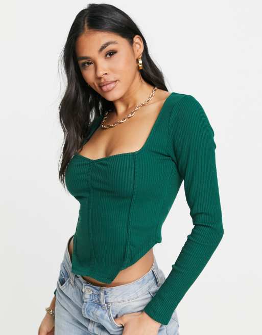 ASOS DESIGN rib fitted corset top with ultra wide neck in pine