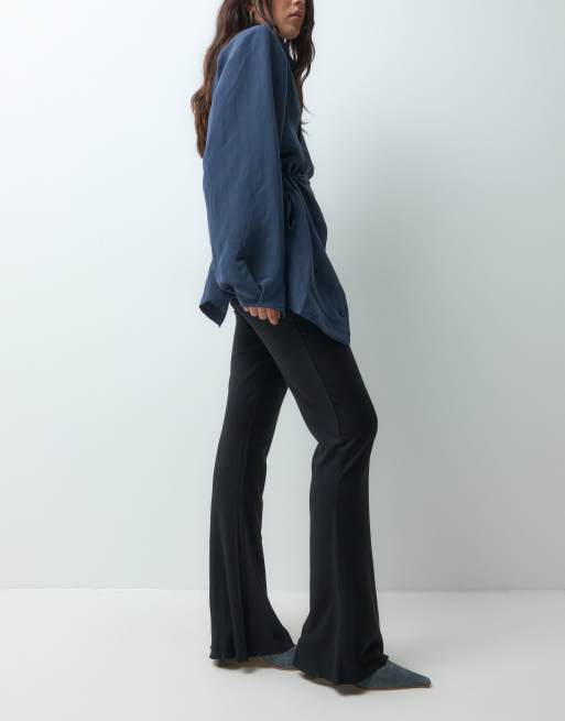 ASOS DESIGN rib flare trouser with lettuce hem in black, 2 of 5