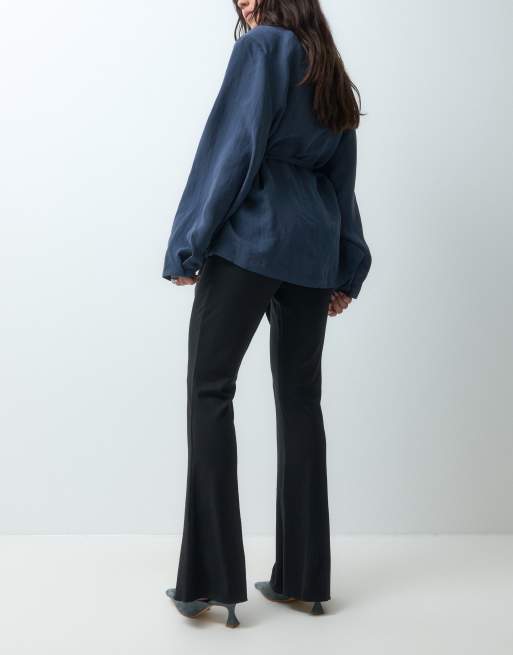 ASOS DESIGN rib flare trouser with lettuce hem in black, 5 of 5