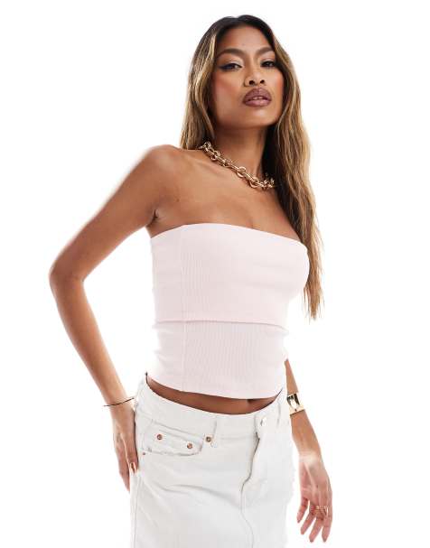 ASOS DESIGN rib fold over bandeau top in light pink - view 1