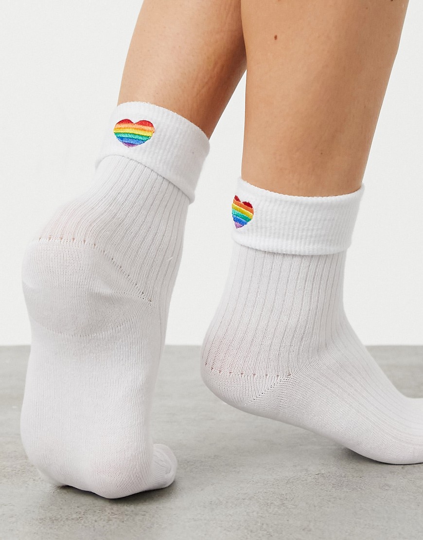 ASOS DESIGN rib fold top ankle sock with rainbow heart-White