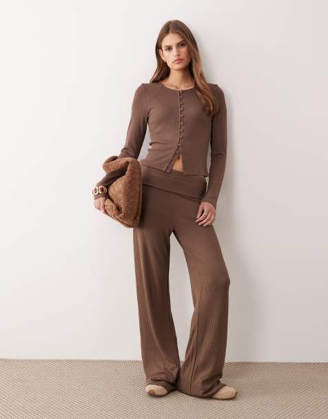 ASOS DESIGN rib foldover waist pants with ruched detail in choc - view 1