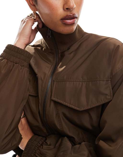 ASOS DESIGN rib funnel neck cropped bomber jacket in tan, 2 of 4